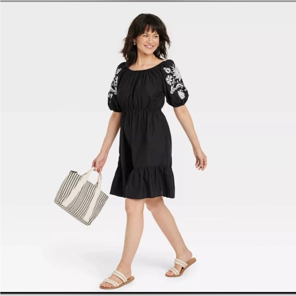 Knox Rose Black Mini Dress with White Embroidered Puff Sleeves